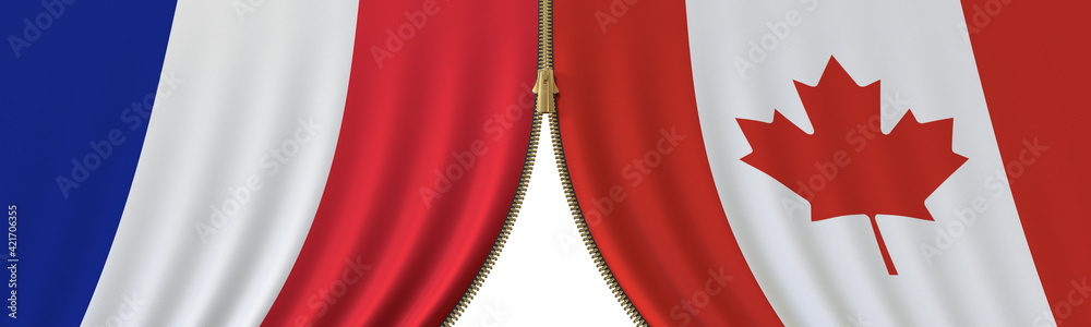 France and Canada cooperation or conflict, flags and closing or opening zipper between them. Conceptual 3D rendering France and Canada cooperation or conflict, flags and closing or opening zipper between them. Conceptual 3D rendering