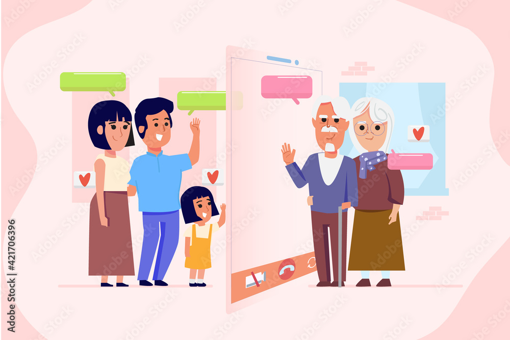 Family talk with old parents by Video calling - vector illustration