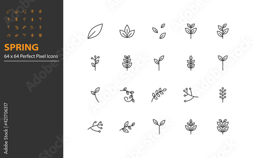 set of spring thin line icons, leaf, green, plants. nature