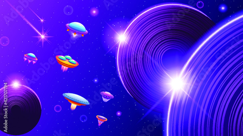 Abstract Aliens On Flying Saucers In Dark Space Planet Background Gradient Unidentified Flying Object Ufo Stars Vector Design Style