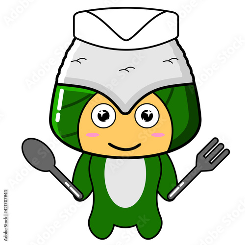 cartoon illustration of an onigiri chef mascot character carrying a spoon and fork