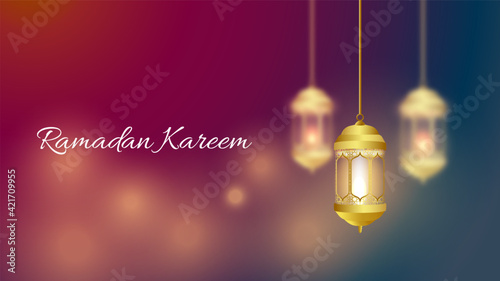 Ramadan kareem greeting card template with gold ramadan lantern, islamic background banner wallpaper vector illustration. Arabic text translation : ramadan kareem, holy month for muslim