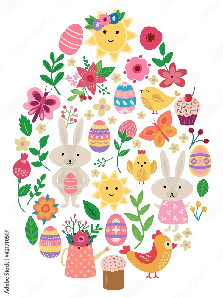 Easter card in the shape of an egg. Cute hand drawn Easter elements. Vector illustration. White background, isolate. Easter card in the shape of an egg. Cute hand drawn Easter elements. Vector illustration. White background, isolate.