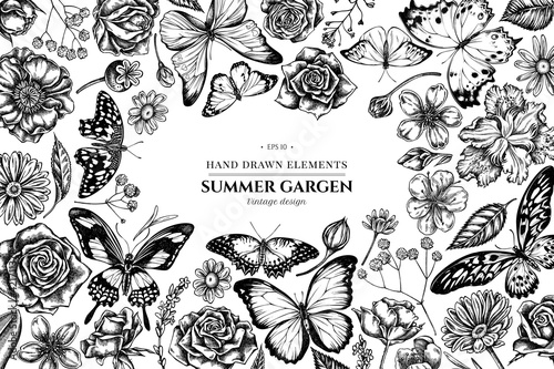 Floral design with black and white shepherd s purse, heather, iris japonica, sakura, gypsophila, chamomile, almond, poppy flower, calendula, menelaus blue morpho, blue morpho, lemon butterfly, red