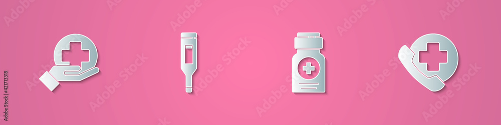 Obraz premium Set paper cut Cross hospital medical, Medical digital thermometer, Medicine bottle and Emergency phone call to icon. Paper art style. Vector