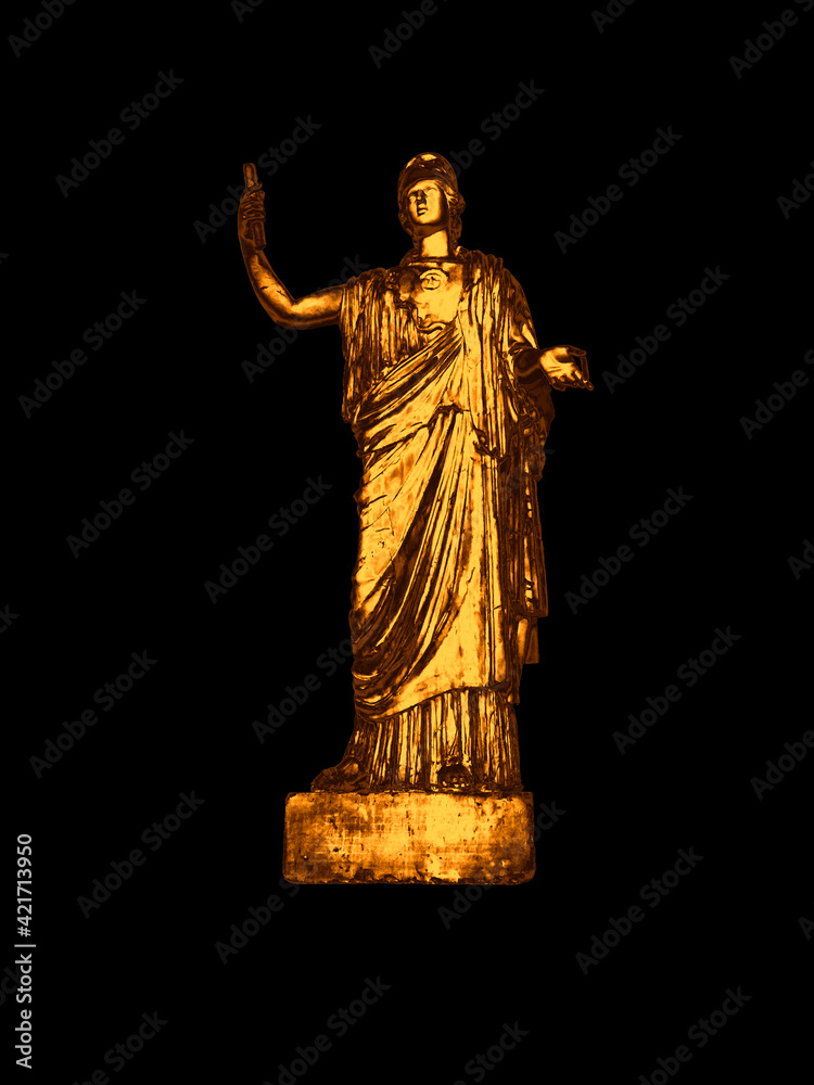 classical golden sculpture isolated on black. Gold statue of goddess in antique style