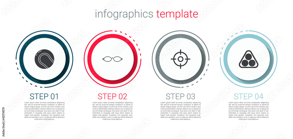 Set Baseball ball, Glasses for swimming, Target sport and Billiard balls rack triangle. Business infographic template. Vector Set Baseball ball, Glasses for swimming, Target sport and Billiard balls rack triangle. Business infographic template. Vector