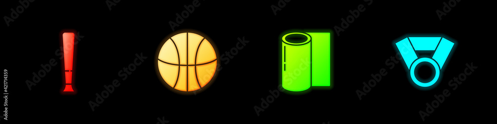 Set Baseball bat, Basketball, Fitness mat roll and Medal icon. Vector Set Baseball bat, Basketball, Fitness mat roll and Medal icon. Vector