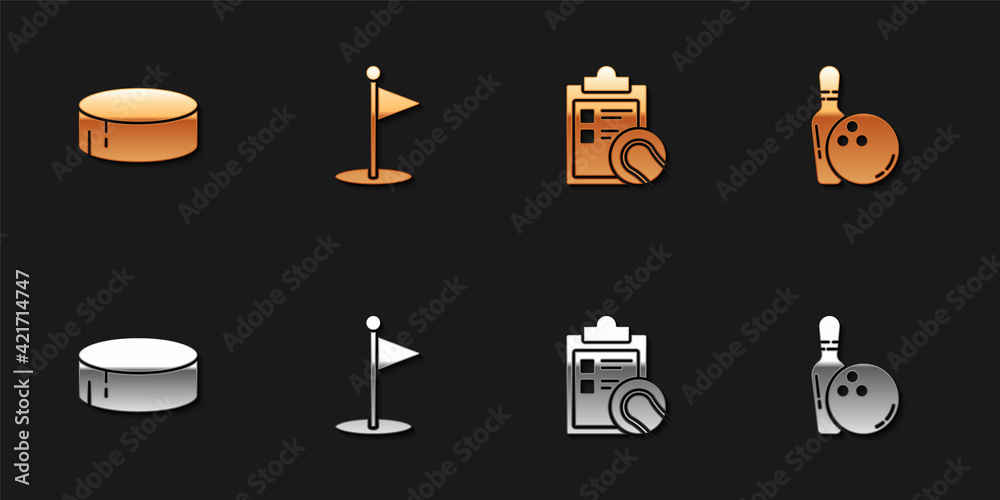 Set Hockey puck, Golf flag, Checklist clipboard and tennis ball and Bowling pin icon. Vector Set Hockey puck, Golf flag, Checklist clipboard and tennis ball and Bowling pin icon. Vector