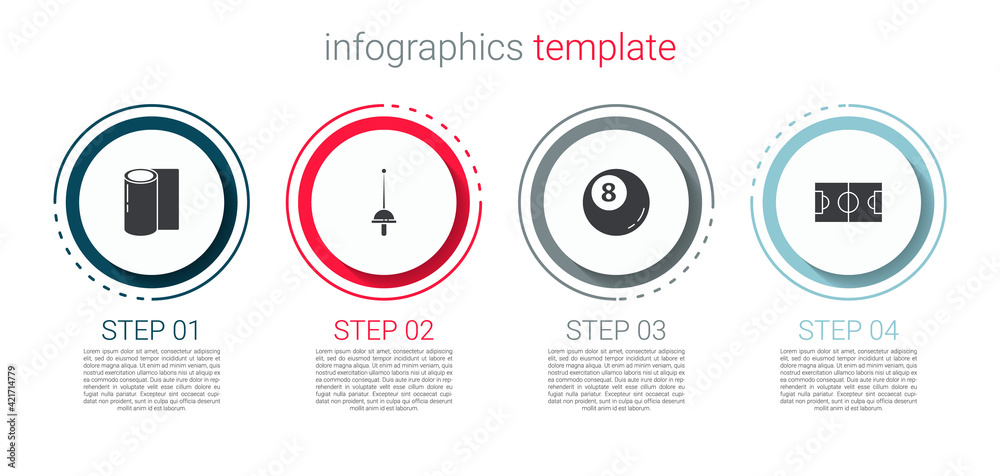 Set Fitness mat roll, Fencing, Billiard pool snooker ball and Football or soccer field. Business infographic template. Vector Set Fitness mat roll, Fencing, Billiard pool snooker ball and Football or soccer field. Business infographic template. Vector