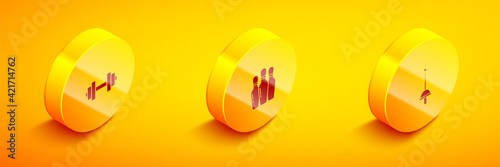 Set Isometric Dumbbell, Bowling pin and Fencing icon. Vector