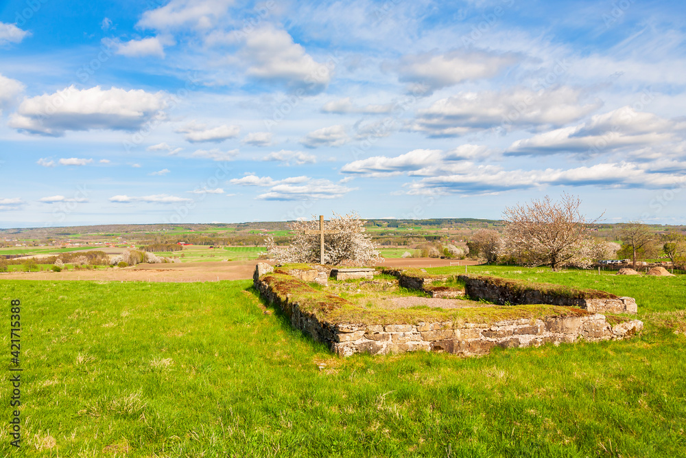 Awesome landscape view at an old church ruin springtime