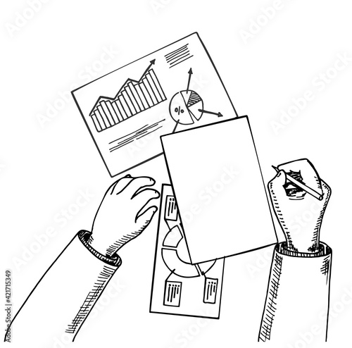 Top view Business analyst or auditor working on statistical data paper documents with spreadsheets making analytics report. Modern sketch vector illustrated banner design. Correspondence concept.