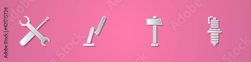 Set paper cut Screwdriver and wrench spanner, Windscreen wiper, Hammer and Car spark plug icon. Paper art style. Vector
