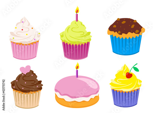 Flat color cupcakes icon set. Cartoon flat cake set isolated on white background vector illustration. Happy birthday party cakes with decorations.