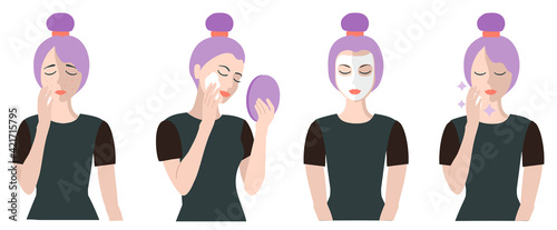 Facial cleansing process. Set of fresh, beautiful woman in process of washing face. Acne treatment before after, facial cleansing foam, cartoon illustration. Isolated on white.