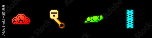 Set Speedometer, Engine piston, Car headlight and tire wheel icon. Vector