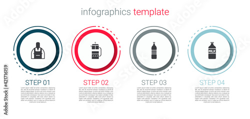 Set Barista, French press, Bottle of water and with milk. Business infographic template. Vector