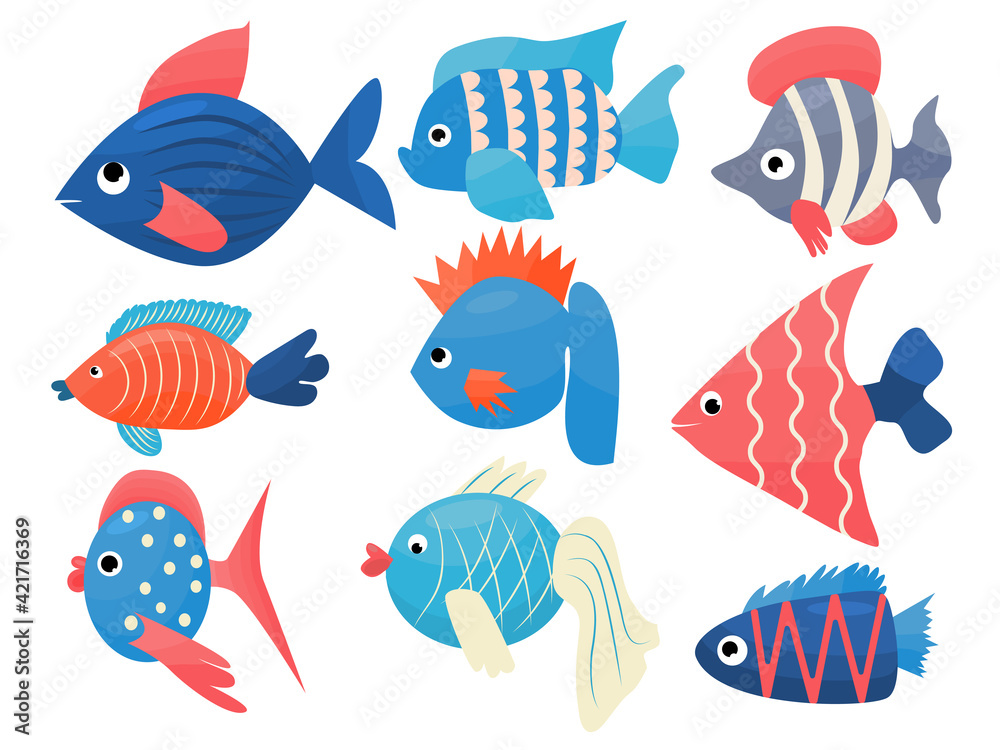 Fototapeta premium Fancy fish set vector cartoon illustration for kids decor