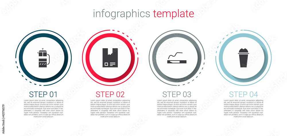 Set French press, Bag of coffee beans, Cigarette and Milkshake. Business infographic template. Vector Set French press, Bag of coffee beans, Cigarette and Milkshake. Business infographic template. Vector