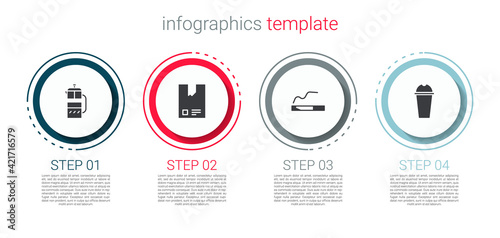 Set French press, Bag of coffee beans, Cigarette and Milkshake. Business infographic template. Vector