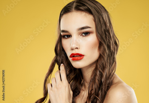 Woman red lips dark hair brunettes model