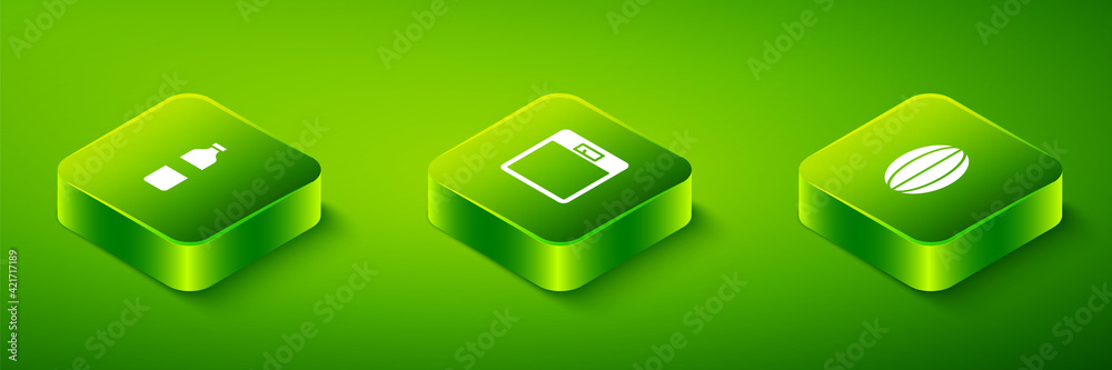 Set Isometric Bathroom scales, Rugby ball and Bottle of water icon. Vector Set Isometric Bathroom scales, Rugby ball and Bottle of water icon. Vector
