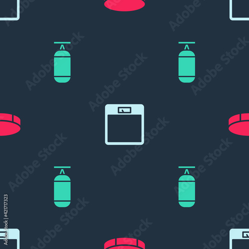 Set Hockey puck, Bathroom scales and Punching bag on seamless pattern. Vector