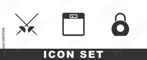 Set Fencing, Bathroom scales and Kettlebell icon. Vector