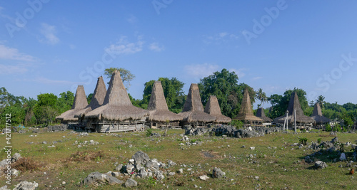 Panorama view of rural Tosi traditional village with spectacular houses, Kodi, West Sumba island, East Nusa Tenggara, Indonesia photo