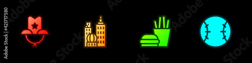 Set Western cowboy hat, City landscape, Burger french fries and Baseball ball icon. Vector