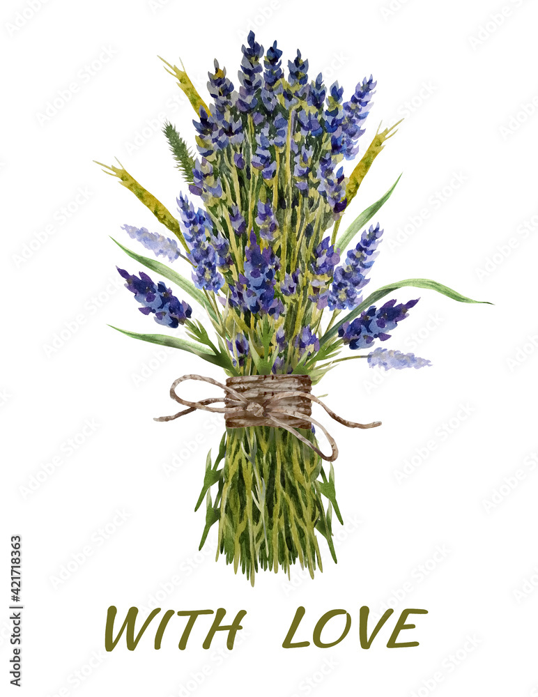Obraz premium Exquisite watercolor bouquet in the style of Provence made of lavender flowers, spikelets and wild grass tied with natural twine. Hand-drawn lavender flowers.