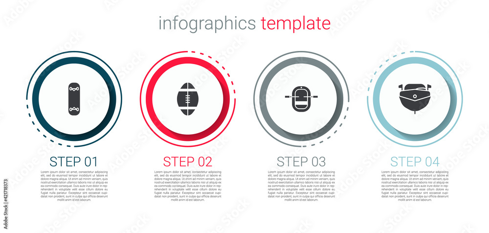 Set Skateboard trick, Rugby ball, Rafting boat and Speedboat. Business infographic template. Vector Set Skateboard trick, Rugby ball, Rafting boat and Speedboat. Business infographic template. Vector