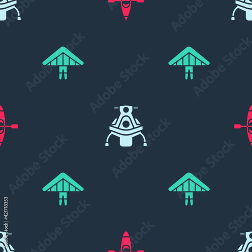 Set Kayak or canoe, Snowmobile and Hang glider on seamless pattern. Vector