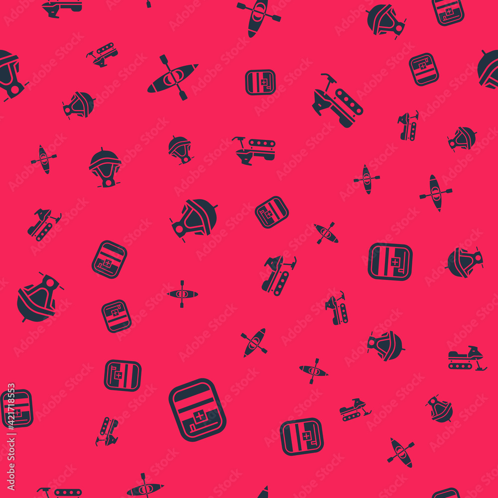 Set First aid kit, Kayak or canoe, Jet ski and Snowmobile on seamless pattern. Vector Set First aid kit, Kayak or canoe, Jet ski and Snowmobile on seamless pattern. Vector