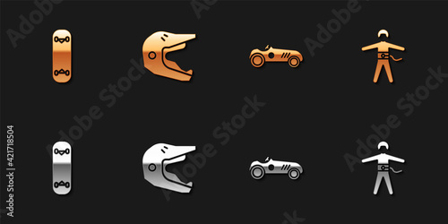 Set Skateboard trick, Motocross motorcycle helmet, Vintage sport racing car and Bungee jumping icon. Vector