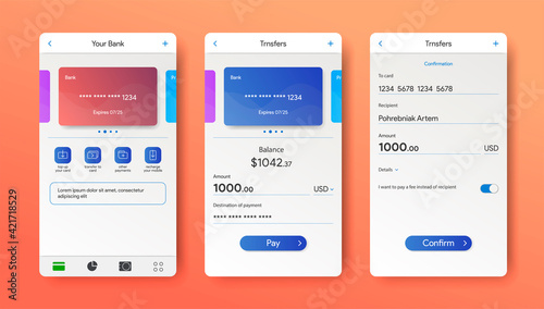 Mobile banking app interface. Online bank in smartphone. Payment screen. Debit and Credit card in application. Online wallet mock up. Vector illustration design.