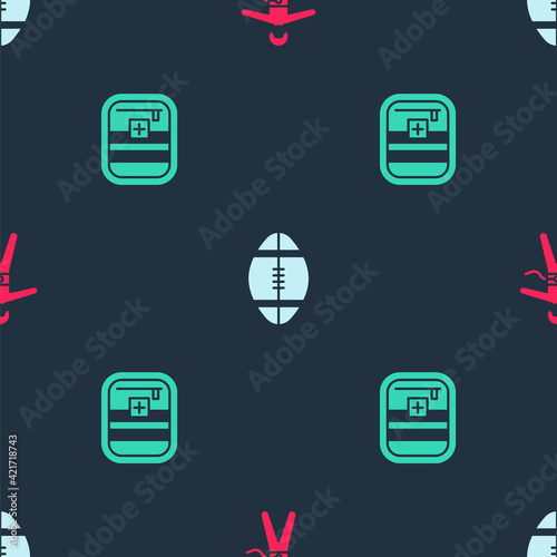 Set Bungee jumping, Rugby ball and First aid kit on seamless pattern. Vector
