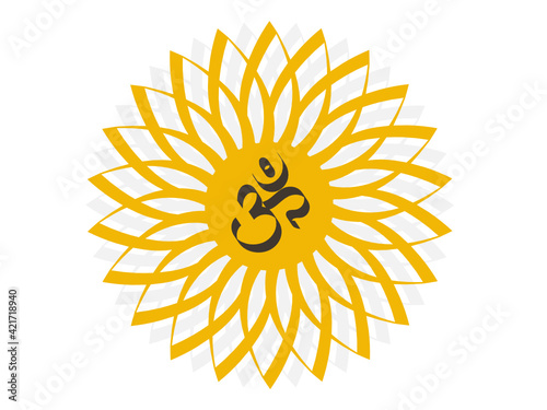 Om symbol in a circular symmetrical yellow petal-shaped pattern.