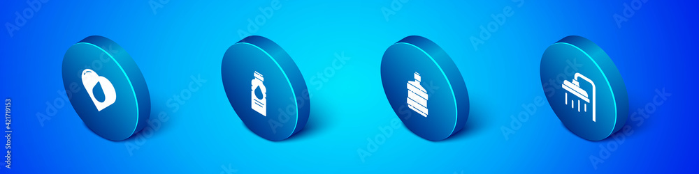Set Isometric Heart with water drop, Big bottle clean, Shower head and Bottle of icon. Vector Set Isometric Heart with water drop, Big bottle clean, Shower head and Bottle of icon. Vector