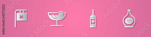 Set paper cut Street signboard with Bar, Cocktail, Glass bottle of vodka and Bottle cognac or brandy icon. Paper art style. Vector