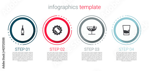 Set Beer bottle, Bottle cap, Cocktail and Glass of vodka. Business infographic template. Vector