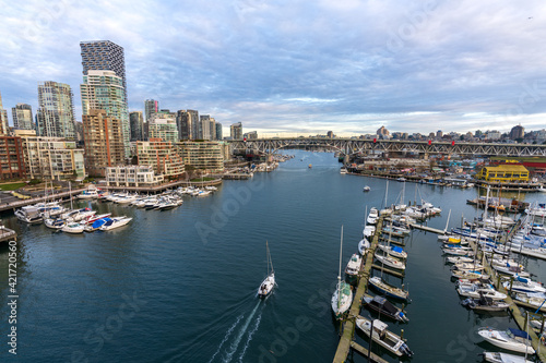 Beautiful view of Vancouver downtown skyline at sunset time  False Creek Harbour  British Columbia. Canada.
