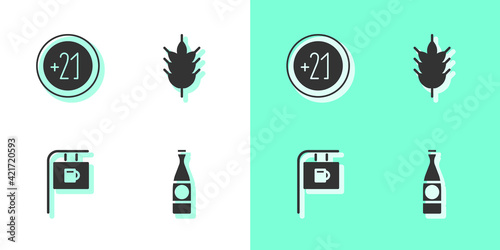 Set Beer bottle, Alcohol 21 plus, Street signboard with Bar and Hop icon. Vector