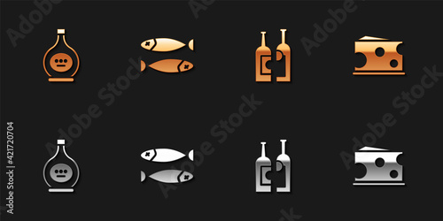 Set Bottle of cognac or brandy, Dried fish, Bottles wine and Cheese icon. Vector