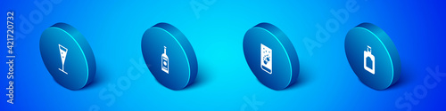 Set Isometric Glass of champagne, Effervescent tablets in water, Whiskey bottle and vodka icon. Vector
