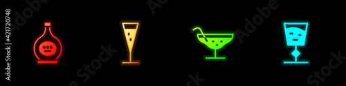 Set Bottle of cognac or brandy, Glass champagne, Cocktail and Wine glass icon. Vector