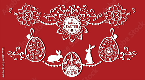 Easter eggs set with rabbit, butterfly, flower. White ornamental eggs for laser cutting on red background. Icons for greeting card