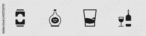 Set Beer can, Bottle of cognac or brandy, Glass vodka and Wine bottle with glass icon. Vector