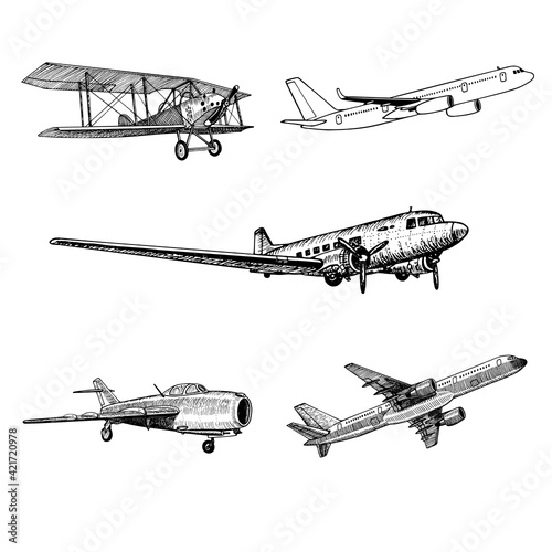 Set of the hand drawn planes or aircraft of different times and purposes doodle sketch graphics monochrome vector tracing illustration on white background